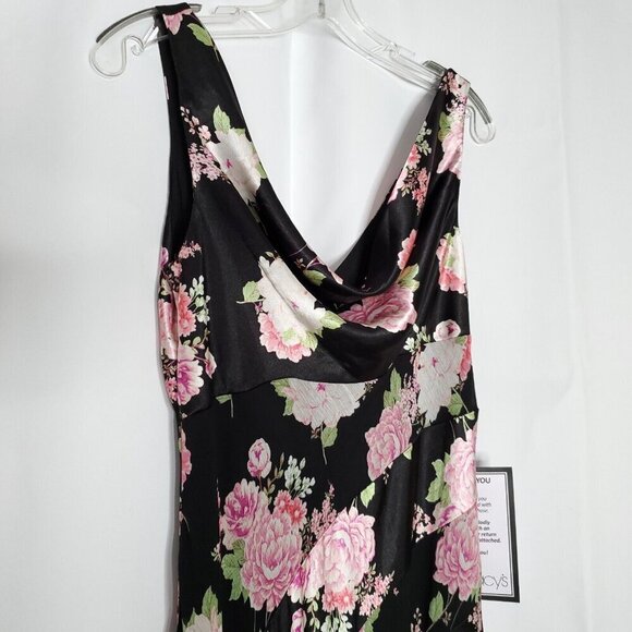 Floral Babydoll Slip Dress M Black Pink Satin Long Maxi Chiffon Ruffles Fairy - Picture 2 of 9